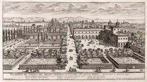 Perspective des jardins de la Villa Médicis à Rome, gravure de Li Giardni (Les Jardins) par Giovanni Battista Falda (1640 ou 1643-1678) - Giovanni Battista Falda