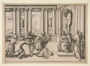Homme assis sous une statue de Bacchus, recevant une audience - Giovanni Battista Franco (called Il Semolei)