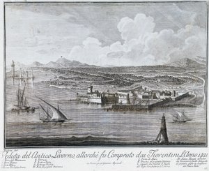 Vue du port de Livourne lors de son achat par les Florentins en 1421, gravure de la Collection des meilleures vues de la ville et du port de Livourne - Giovanni Battista Guerazzi