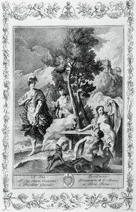 Carlo et Ubaldo dans les Îles Heureuses, gravure pour le Chant XV de La Jérusalem délivrée, par Torquato Tasso (1544-1595), édition de Giovanni Battista Albrizzi, Venise, Italie