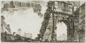 1. Arc de Titus. 2. Villa Farnese. 3. Colonnes du Temple de Jupiter Stator. 4. Arc de Septime Sévère. 5. Temple de la Paix, planche six de Quelques vues d