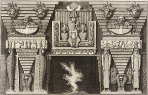 Cheminée de style égyptien : deux momies de profil à gauche et deux figures portant des obélisques à droite. - Giovanni Battista Piranesi