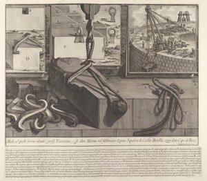 Panneau de démonstration montrant la technique pour soulever des blocs de travertin et de marbre pour la con..., 1756