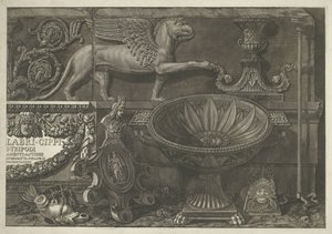 Page de titre avec sculptures, reliefs sculptés et un sarcophage avec titre (partie droite) - Giovanni Battista Piranesi