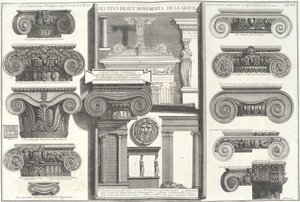 Divers chapiteaux ioniques romains comparés à des exemples grecs, milieu du 18ème siècle - Giovanni Battista Piranesi