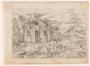 Paysage avec temple antique avec cariatides - Giovanni Battista Pittoni (I) (attributed to)
