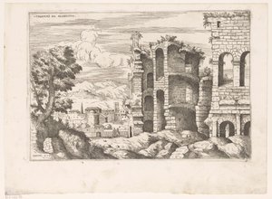 Vue sur le Colisée et ses environs à Rome (Ruines romaines, Praecipua aliquot Romanae Antiquitatis Ruinarum Monimenta) - Giovanni Battista Pittoni (I)