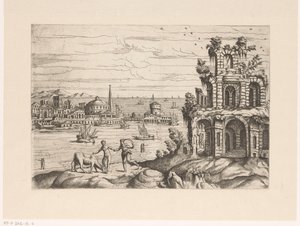 Paysage urbain avec ruines et architecture fantastique au bord de l