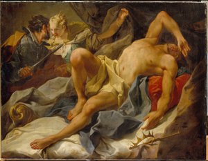 La mort du roi Candaule (ou Sadyatte ou Myrsile, roi de Lydie, 8e siècle avant JC). Assassiné par Gygès, son confident et rival, qui le poignarde et épouse sa femme la reine Tudo - Peinture de Giambattista (Giovan Battista)
