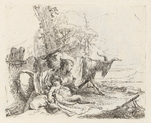 Une nymphe avec un petit satyre et deux chèvres, de Vari capricci (Divers Caprices) - Giovanni Battista Tiepolo