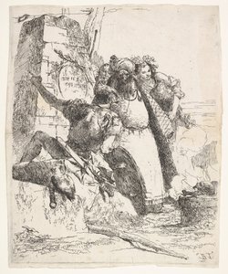 Une scène de nécromancie : une femme portant un récipient, un homme turbané et un soldat regardant - Giovanni Battista Tiepolo