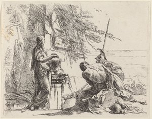 Femme debout et hommes assis devant un obélisque - Giovanni Battista Tiepolo