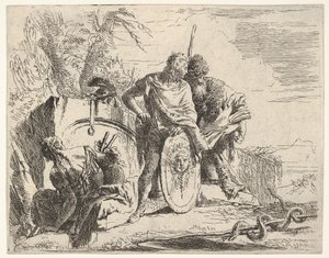 Trois figures et un serpent enroulé autour d