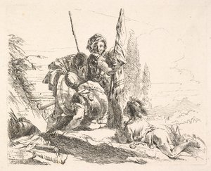 Trois soldats et un jeune homme allongé sur son abdomen dans un paysage, les soldats portent un..., vers 1740-42 - Giovanni Battista Tiepolo