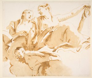 Zwei Frauen, eine hält einen Anker, und ein Putto auf Wolken
