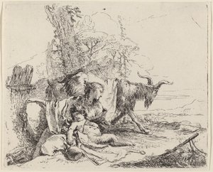 Femme, enfant satyre et chèvre dans un paysage - Giovanni Battista Tiepolo