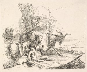 Femme et satyre enfant dans un paysage, la femme se tournant pour regarder par-dessus son épaule gauche - Giovanni Battista Tiepolo