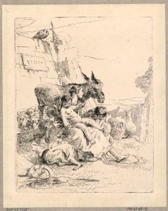 Femme avec deux enfants et un âne, planche 21 des Scherzi di Fantasia - Giovanni Battista Tiepolo
