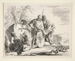 Jeune soldat avec philosophe et femme assise, de la série Vari Capricci - Giovanni Battista Tiepolo