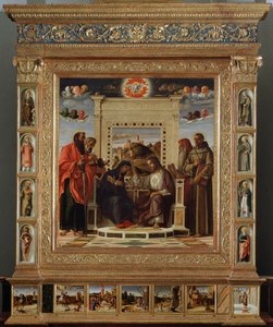 Retable Bellini : partie centrale Couronnement de la Vierge entre Saint Pierre et Saint Paul (à gauche) et Saint Jérôme et Saint François d