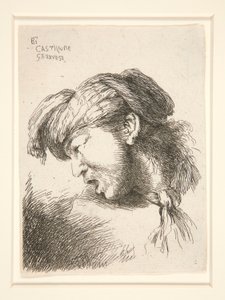 Un homme sans barbe, vu de profil et tourné vers la droite. Sa bouche est ouverte comme pour crier, de la série Les petites têtes