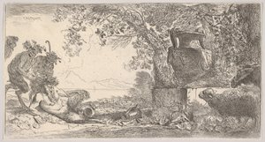 Pan allongé à gauche avec deux satyres debout, un grand vase sur un piédestal à droite, vers 1645