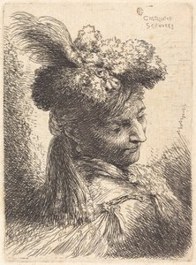 Jeune homme portant une coiffure de fourrure avec un bandeau, tourné vers la droite - Giovanni Benedetto Castiglione