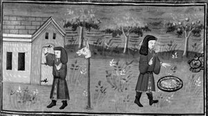 Décaméron,Fédéric frappe à la porte de madame Tessa ; l’homme trouve de la nourriture et du vin sous un pêcher . Septième journée, nouvelle 1 - Giovanni Boccaccio