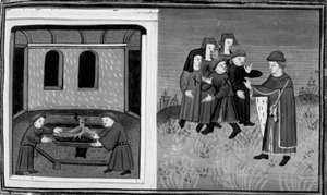 Décaméron,Giovanni del Bragoniera et Biagio Pizzini volent la relique à frère Ciboule ; le frère marque les vêtements des villageois avec les charbons . Sixième journée, nouvelle 10 - Giovanni Boccaccio