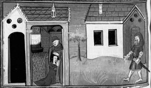 Décaméron, Arimino entend la confession de sa femme; l’homme monte la garde à la porte de la maison. Septième journée, nouvelle 5 - Giovanni Boccaccio