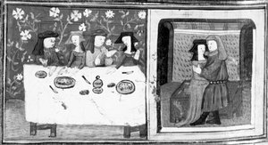 Décaméron, Spinelloccio et Zeppa s’assoient à table avec leurs femmes; Zeppa embrasse la femme de Spinelloccio. Huitième journée, nouvelle 8 - Giovanni Boccaccio