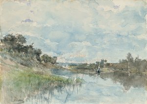 Paysage fluvial avec un bateau de pêche