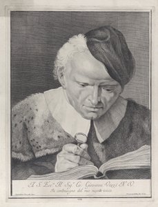 Homme avec un chapeau lisant un livre avec une loupe, 1743