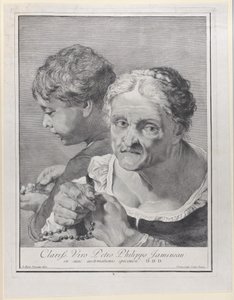 Vieille femme avec un chapelet et un garçon comptant des pièces, 1743
