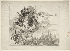 Fuite en Égypte : Dédiace avec figure ailée de la Renommée portant les armes du prince-évêque de Wurtzbourg - Giovanni Domenico Tiepolo