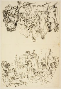 Feuille pliée avec "Le martyre de Saint Étienne et Agrippine débarquant à Brindisi avec les cendres de Germanicus" - Giovanni Domenico Tiepolo