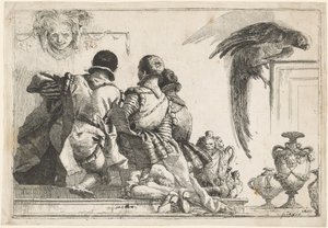 Pages agenouillées, un masque et un perroquet