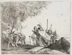 Marie, aidée par Joseph et un ange, descendant du bateau, planche dix-huit de La Fuite en Égypte - Giovanni Domenico Tiepolo