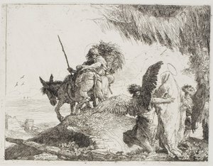 Marie, soutenue par deux anges, suit Joseph, planche 26 de La Fuite en Égypte