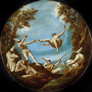 Les Polichinelles sur des balançoires, faisant de la musique et des acrobaties dans un paysage - Giovanni Domenico Tiepolo