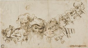 Esquisses de têtes masculines (recto) ; Reine et page (verso)