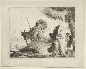 La fuite en Égypte : La fuite avec la Madone à droite soutenue par des anges - Giovanni Domenico Tiepolo