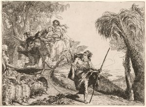 La Sainte Famille descendant un chemin près des bergers