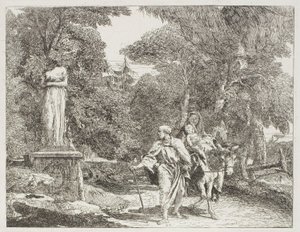 La Sainte Famille passant devant une statue, dont la tête tombe à terre, planche 22 de La Fuite en Égypte - Giovanni Domenico Tiepolo