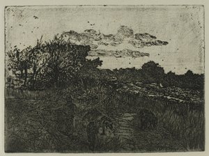 Paysage au coucher du soleil avec des porcherons