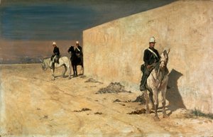 La sentinelle (Le mur blanc) Cavaliers en garde devant un mur blanc dans le désert. Peinture de Giovanni Fattori (1825-1908)