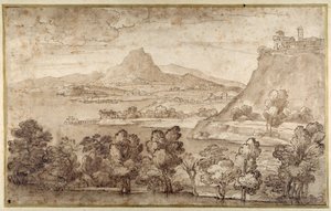 Paysage avec une ville sur une colline et une montagne plus lointaine - Giovanni Francesco Grimaldi