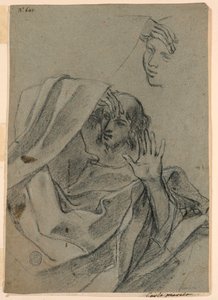 Études de dessin avec visage de femme et homme allongé, et main droite avec avant-bras - Giovanni Francesco Barbieri