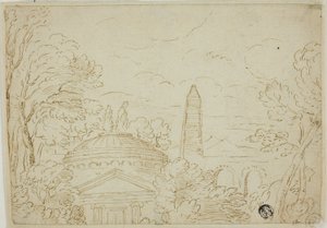 Paysage avec temple, obélisque et aqueduc