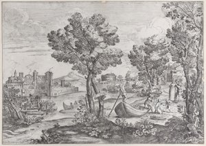 Paysage avec un homme tenant un serpent devant un enfant terrifié, observé par une femme élégante, 1626-80 - Giovanni Francesco Grimaldi